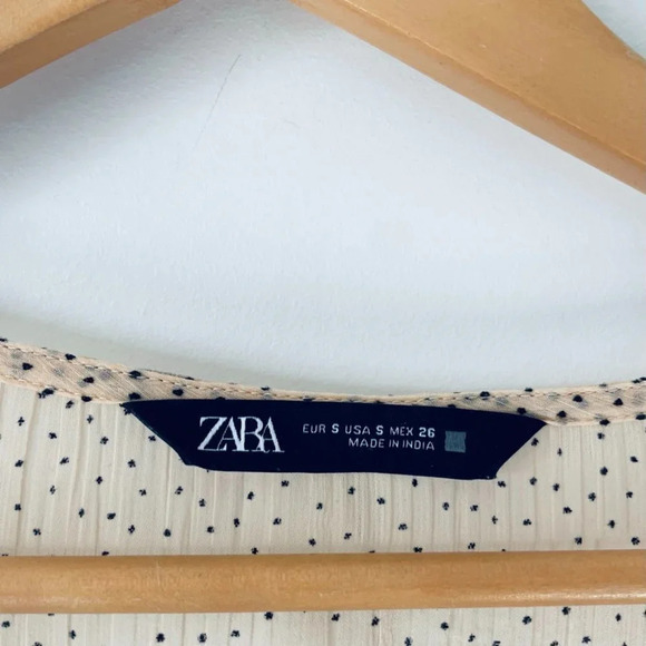 Zara Polka Dot Lace Trim Tiered Babydoll Mini Dress Beige Pink Sz Small - Picture 8 of 8